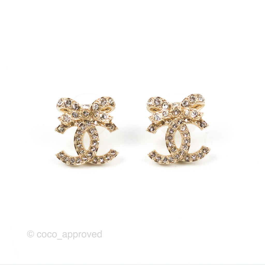 Chanel Crystal Ribbon Bow CC Earrings Gold Tone 23S – Coco