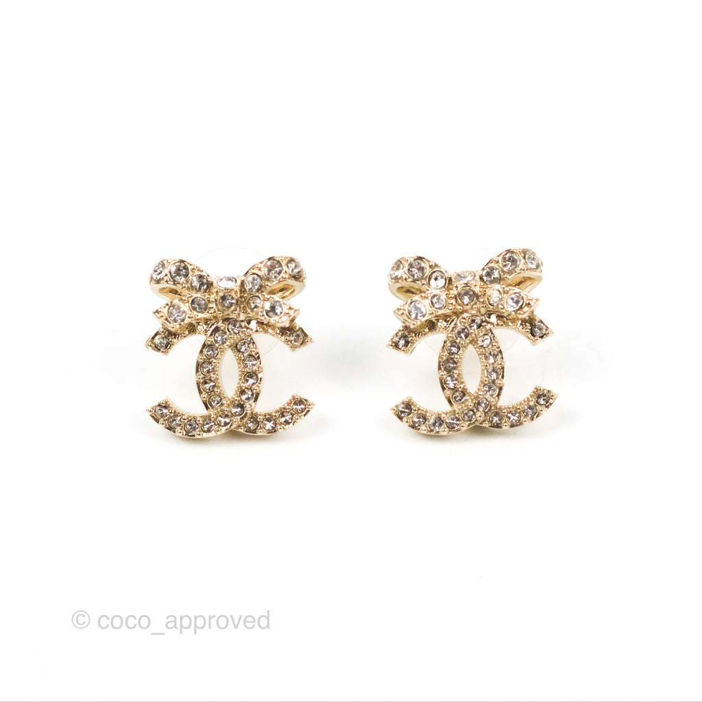 Chanel Crystal Ribbon Bow CC Earrings Gold Tone 23S