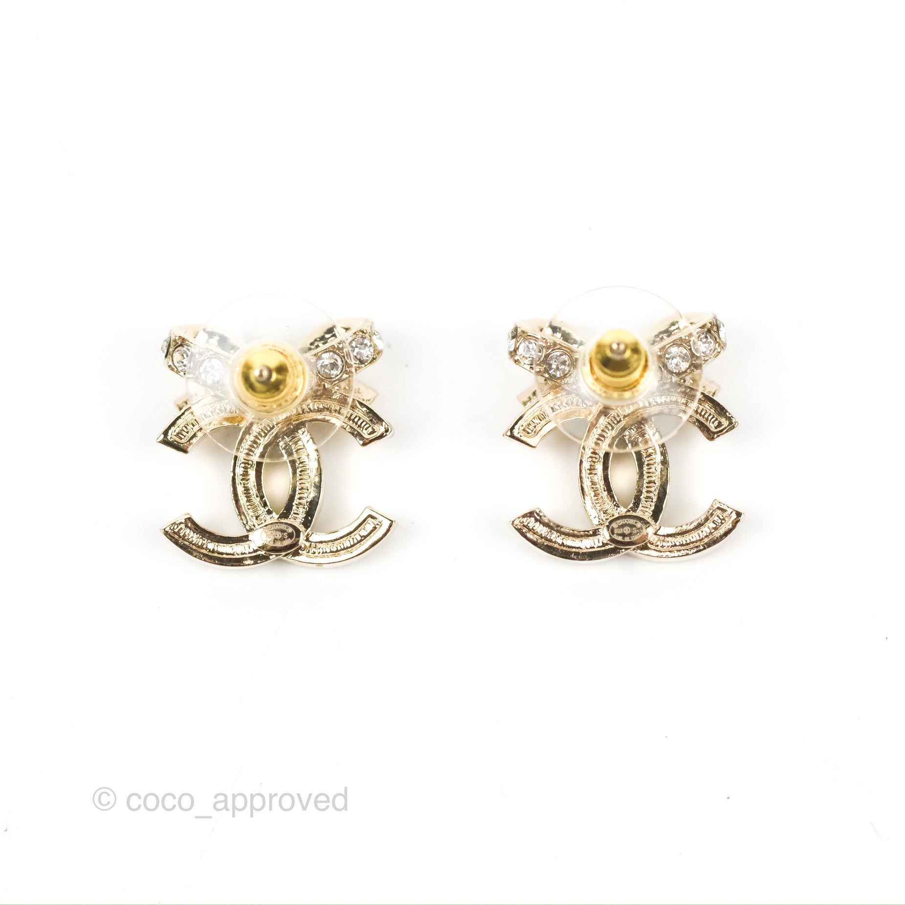 Chanel Crystal Ribbon Bow CC Earrings Gold Tone 23S – Coco