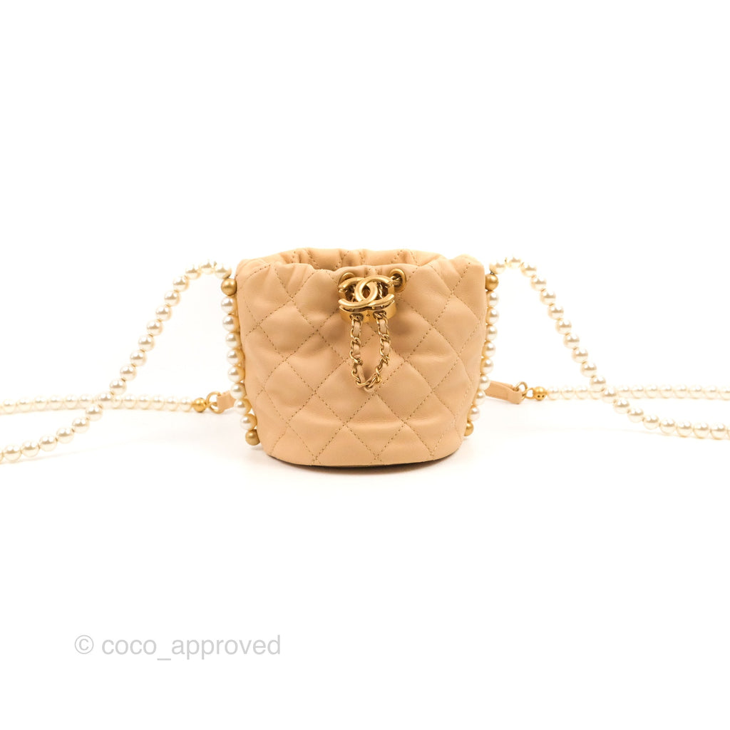 Chanel Quilted Pearl Mini About Pearls Drawstring Bucket Bag Beige Lambskin Aged Gold Hardware
