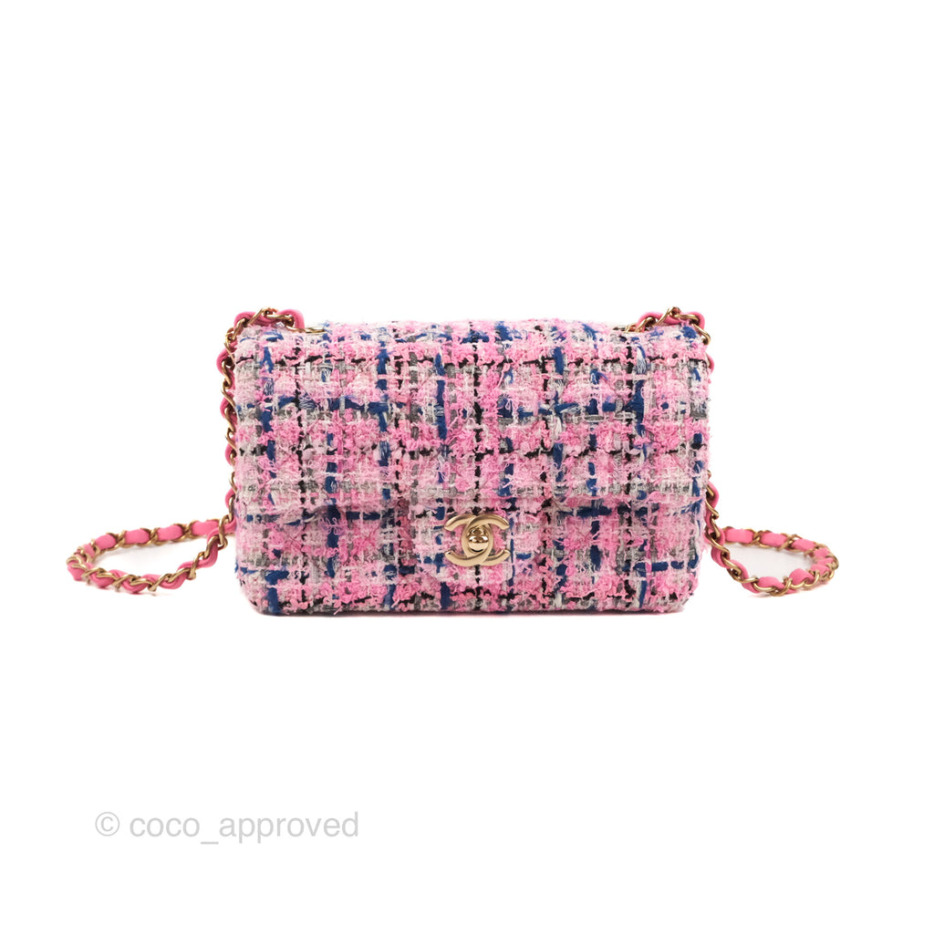 Chanel Quilted Mini Rectangular Flap Pink/Blue Tweed Gold Hardware