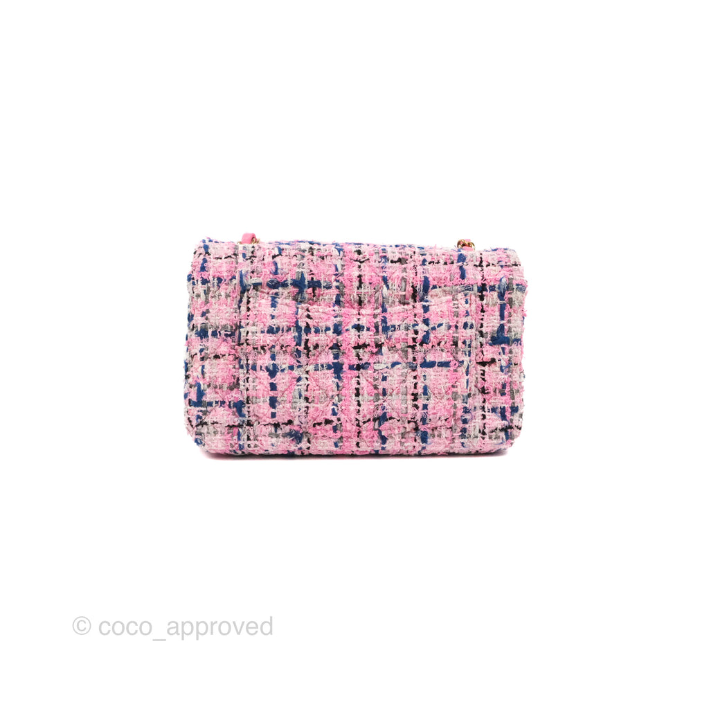Chanel Quilted Mini Rectangular Flap Pink/Blue Tweed Gold
