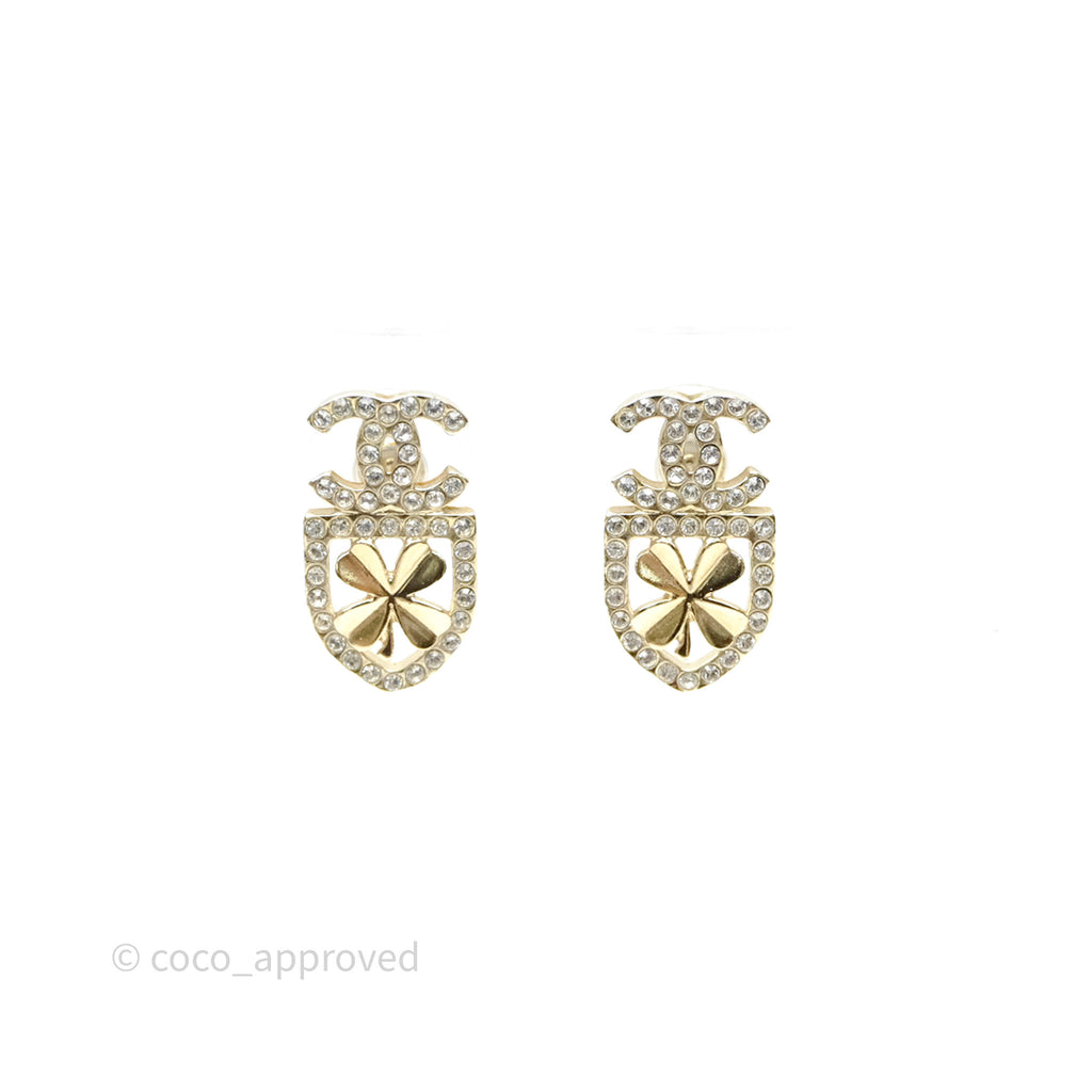 Chanel CC Crystals Clover Shield Earrings Gold Tone 20B