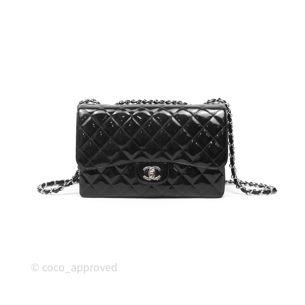 Chanel Jumbo Single Flap Black Patent Silver Hardware