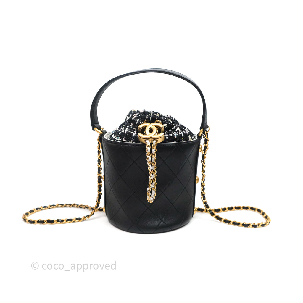 Chanel Drawstring Tweed Bucket Bag Quilted Black Caviar Aged Gold Hardware