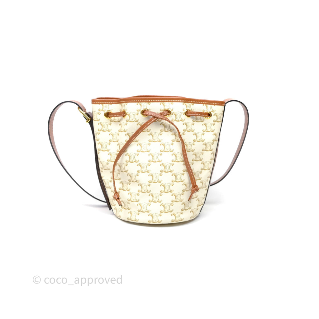Celine Small Drawstring Bucket Bag Triomphe Canvas White Calfskin