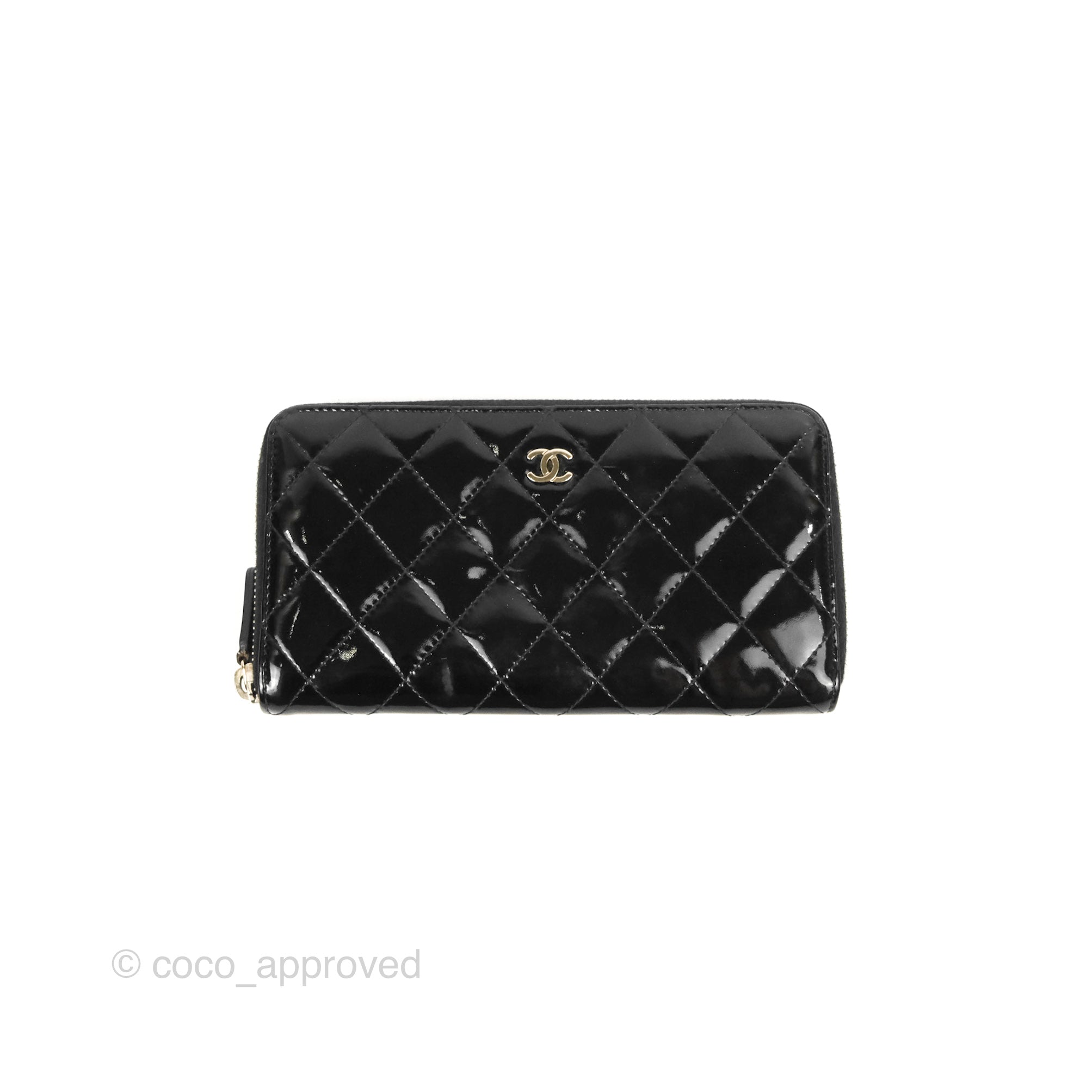 Chanel Classic Zip Long Wallet Quilted Black Patent Silver Hardware