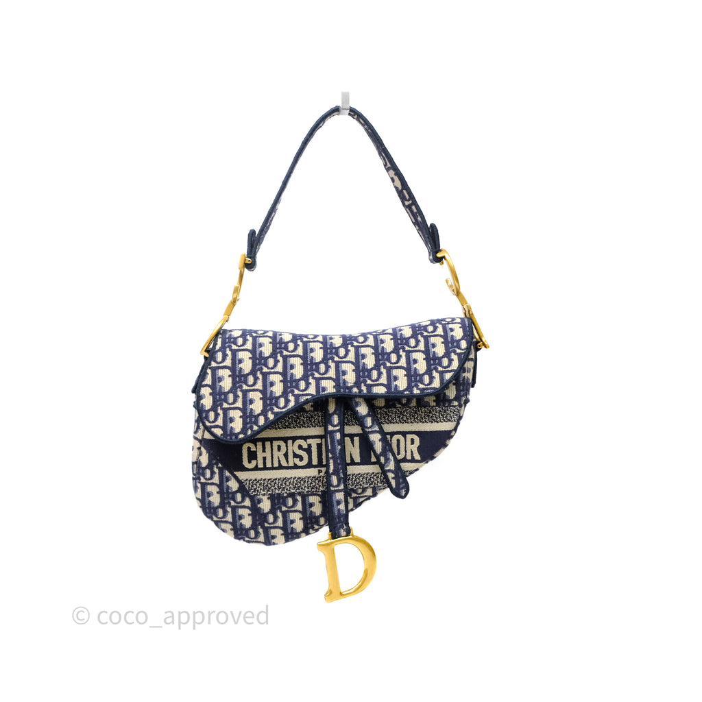 Christian Dior Saddle Bag Navy Dior Oblique Embroidery Gold Hardware