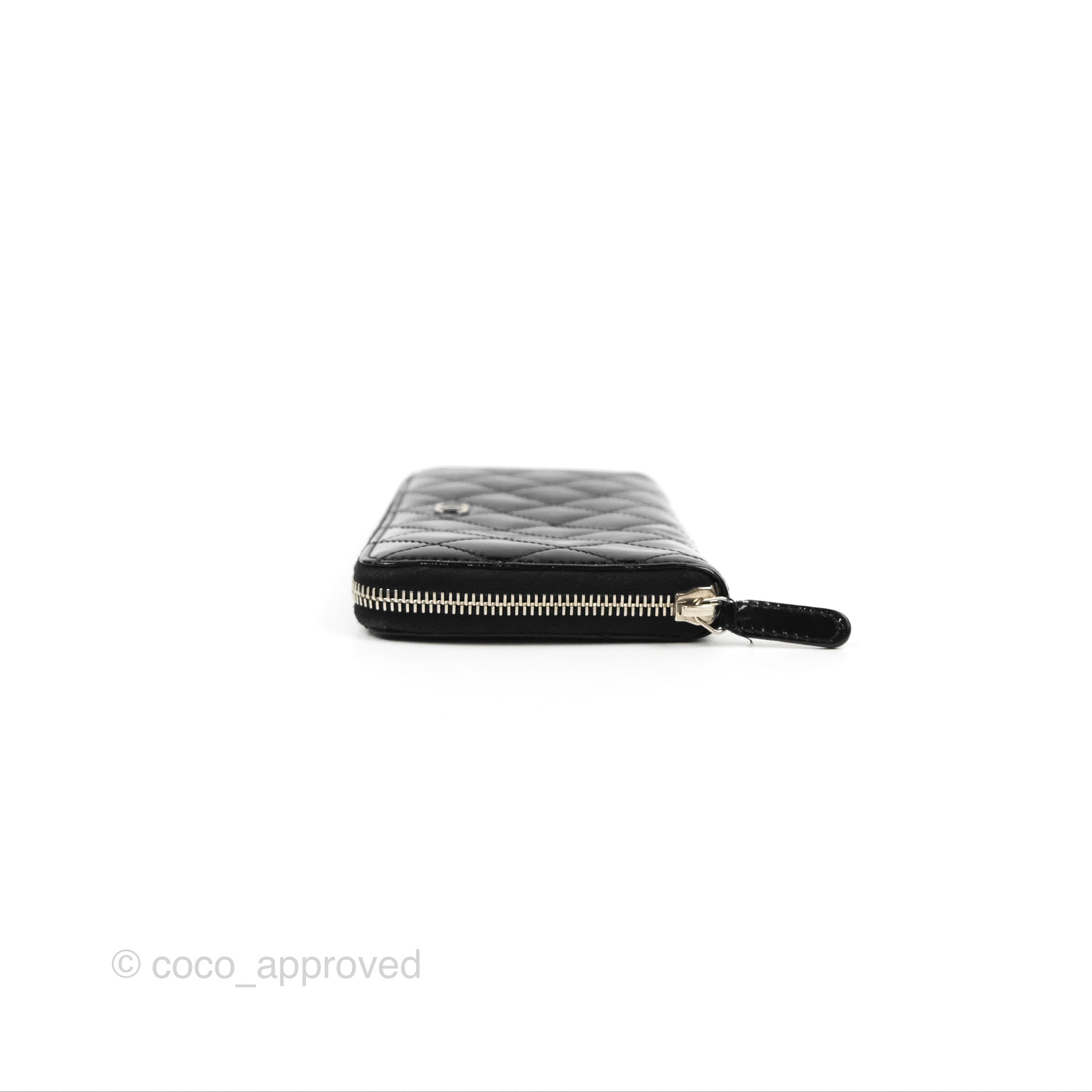 Chanel Classic Zip Long Wallet Quilted Black Patent Silver