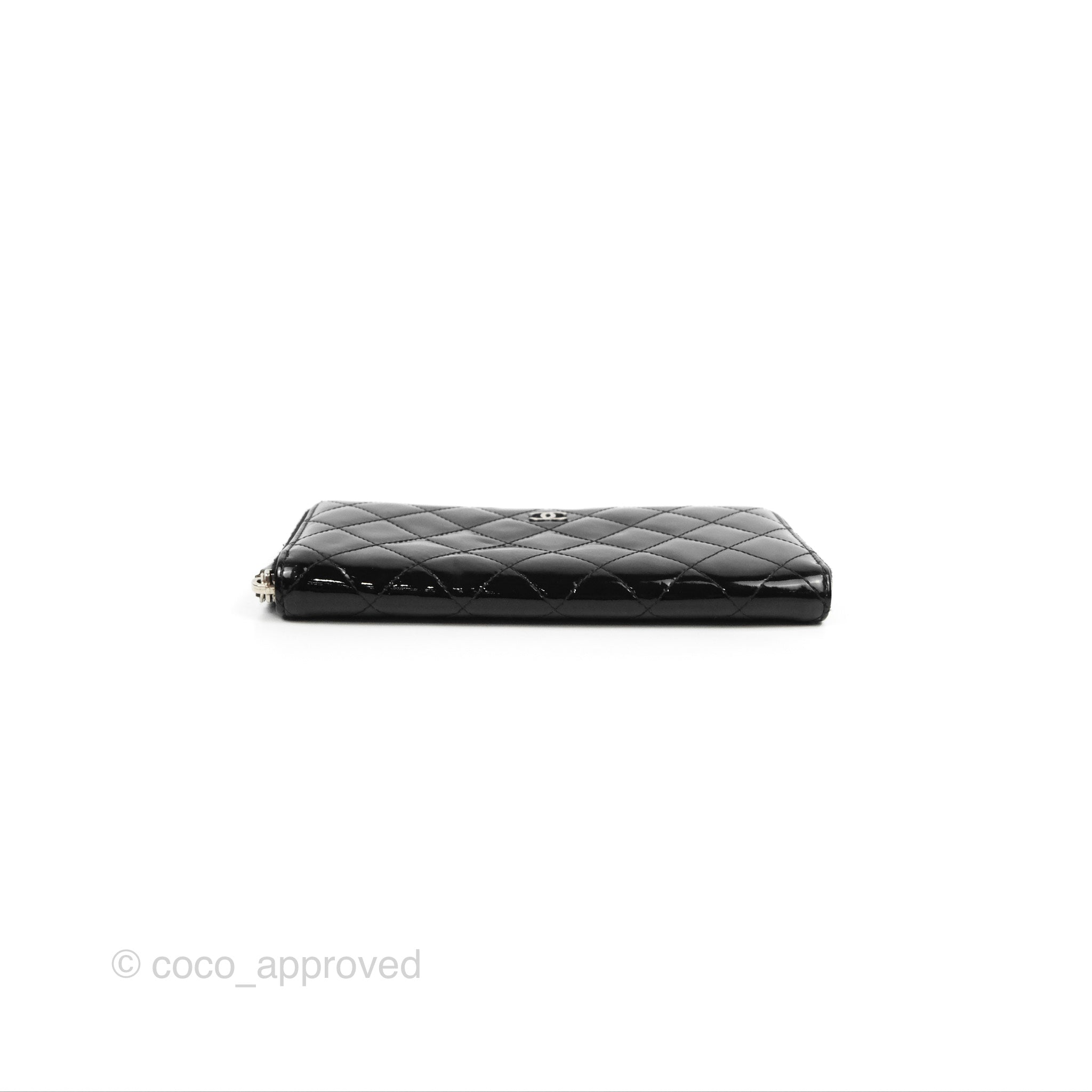 Chanel Classic Zip Long Wallet Quilted Black Patent Silver