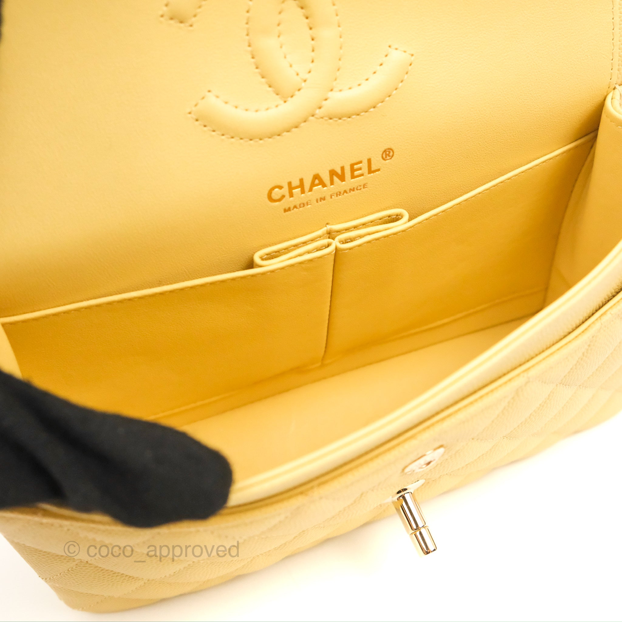 Chanel Yellow Caviar Small Classic Double Flap Light Gold Hardware