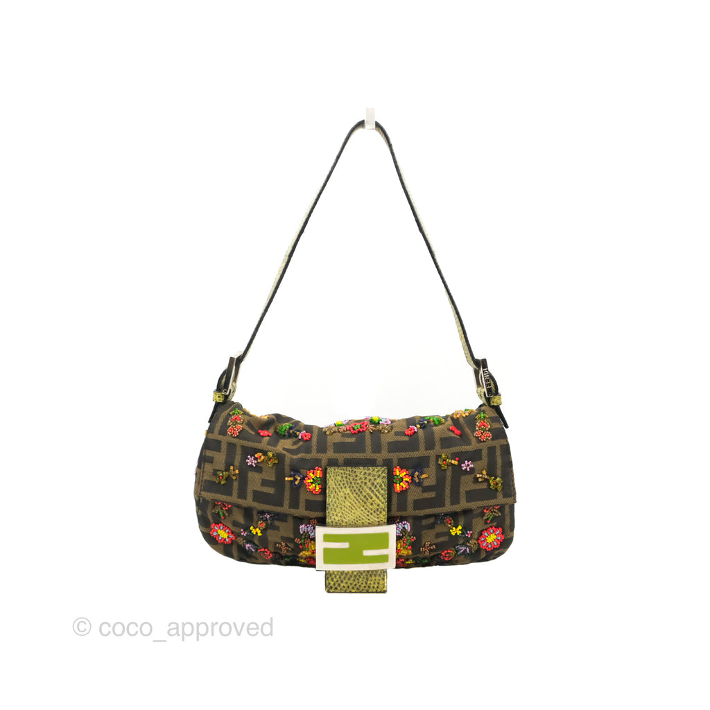 Fendi Vintage Baguette Shoulder Bag Floral Bead-embellished Zucca Canvas