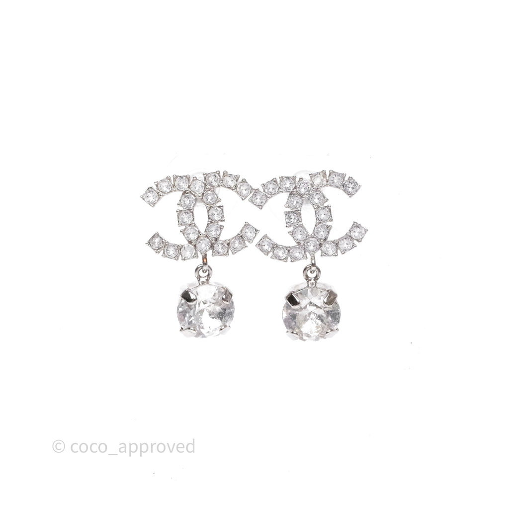 Chanel Crystal CC Drop Earrings Silver Tone 18S
