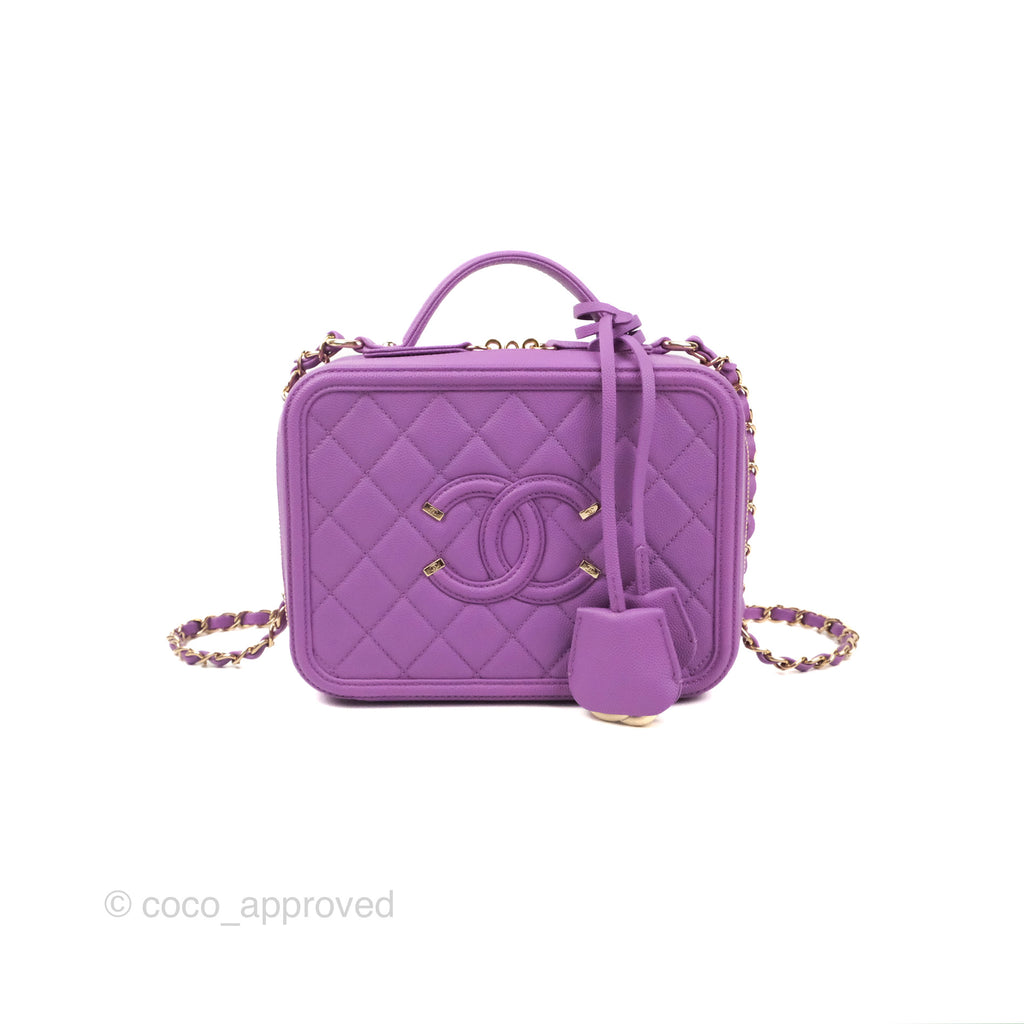 Chanel Quilted Medium CC Filigree Vanity Case Purple Caviar Gold Hardware