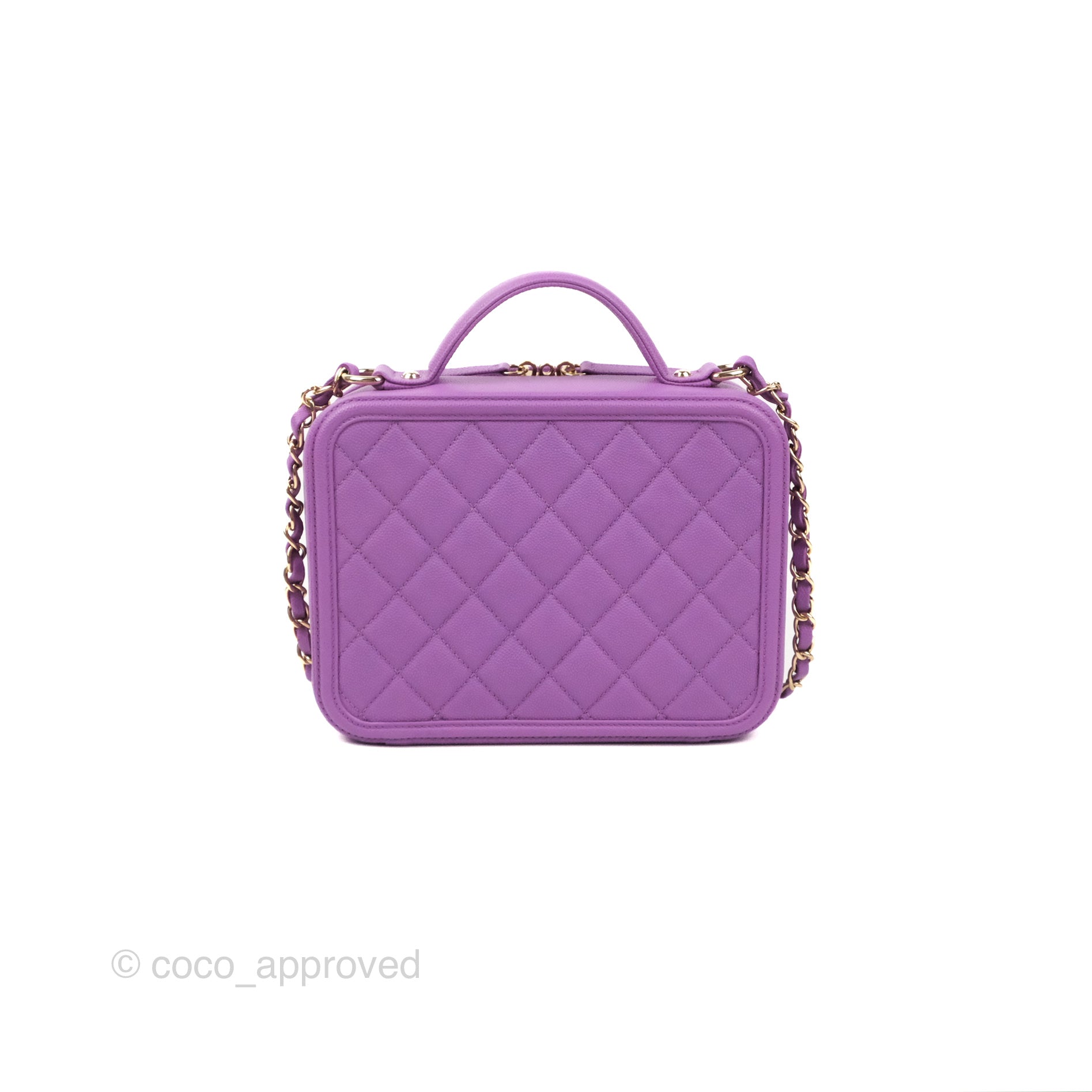 Chanel Quilted Medium CC Filigree Vanity Case Purple Caviar Gold Hardw –  Coco Approved Studio