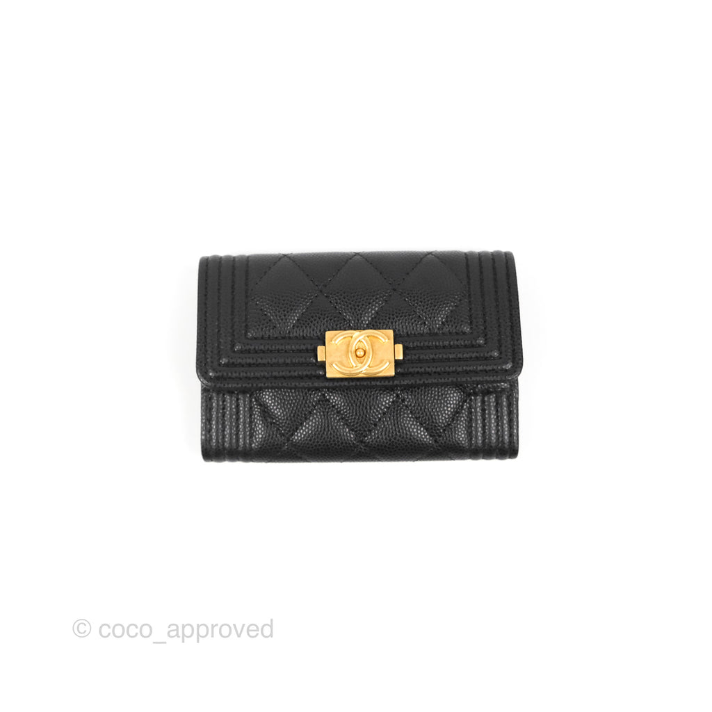 Chanel Quilted Boy Flap Card Holder Black Caviar Aged Gold Hardware