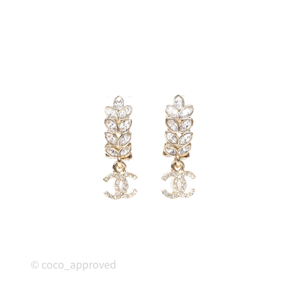 Chanel Leafy Crystal CC Drop Earrings Gold Tone 23S