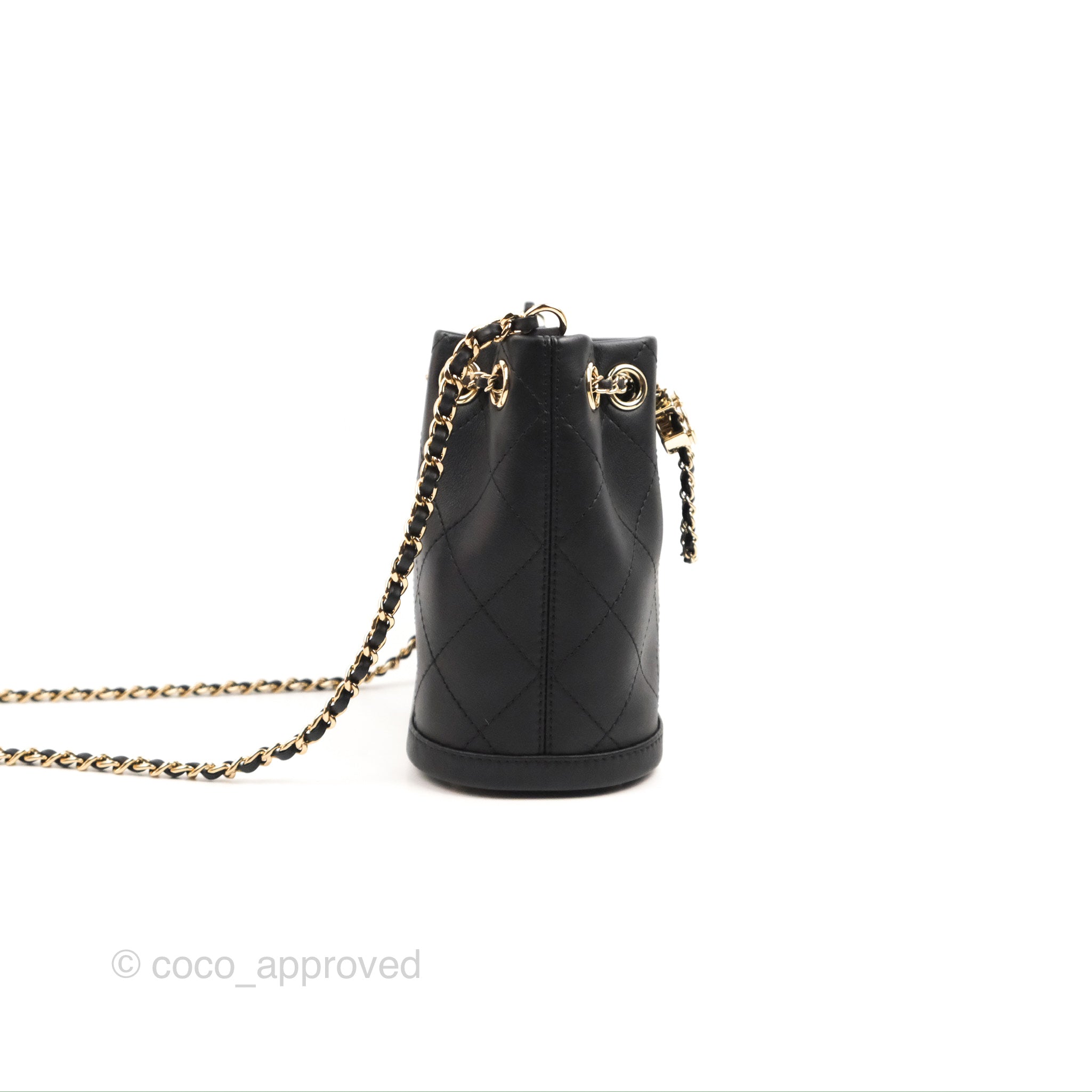 Chanel Quilted Drawstring Pearl Flower Bucket Bag Black Lambskin