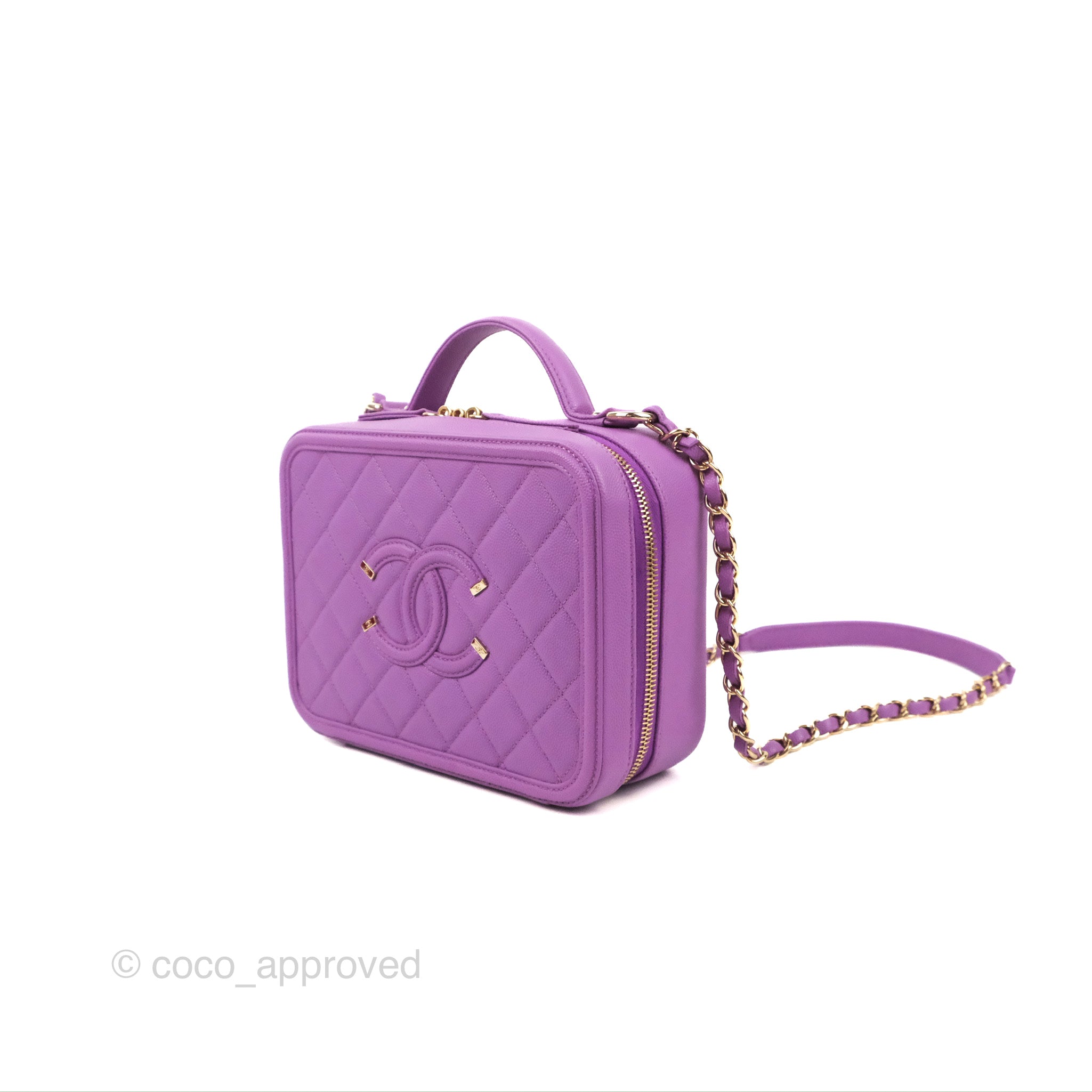 Chanel Quilted Medium CC Filigree Vanity Case Purple Caviar Gold Hardw – Coco  Approved Studio
