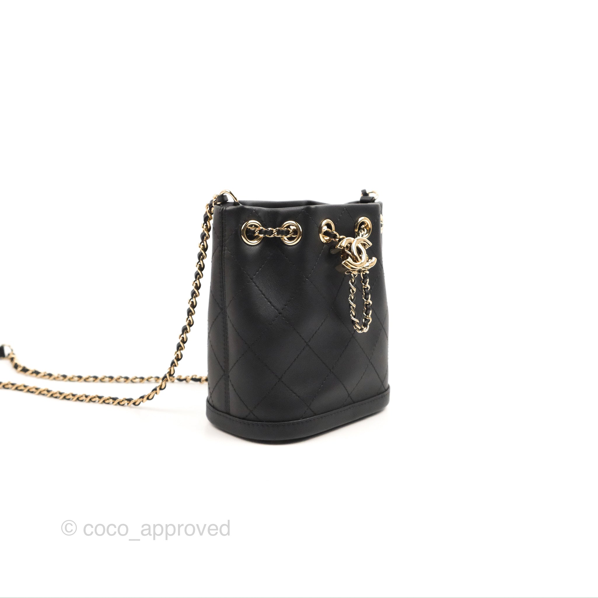 Chanel Black Quilted Caviar Micro Drawstring Bucket Bag with Chain Gold Hardware, 2021 (Very Good)