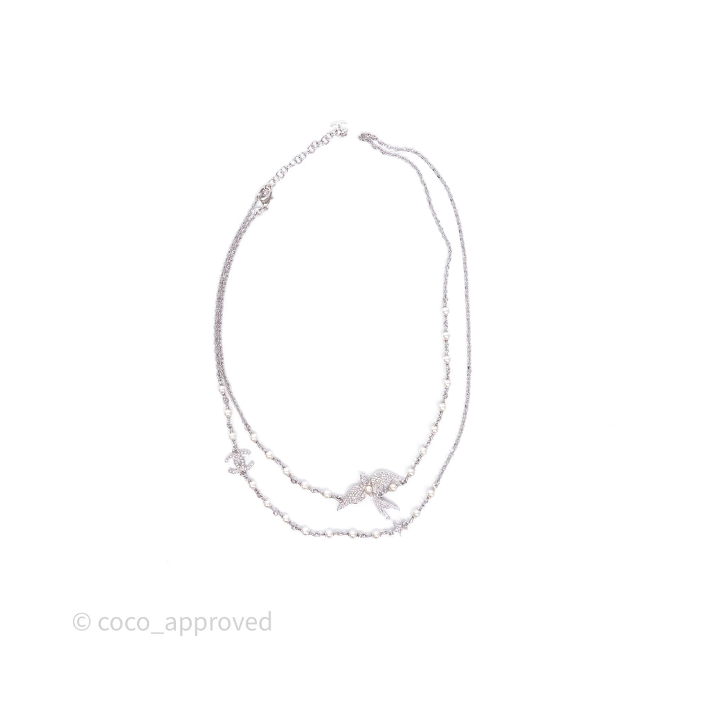 Chanel Crystal Pearl Swallow CC Long Necklace Silver Tone 25S