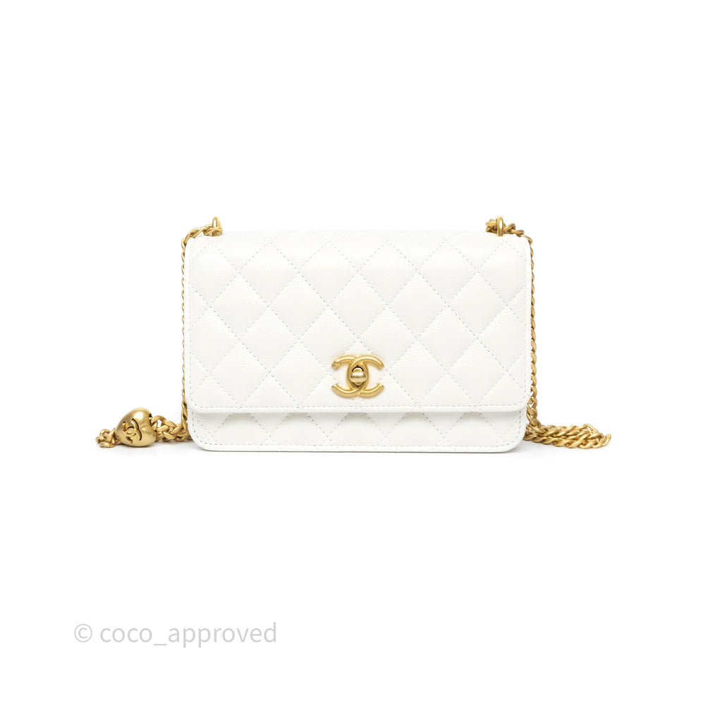 Chanel Heart Adjustable Chain WOC White Caviar Aged Gold Hardware