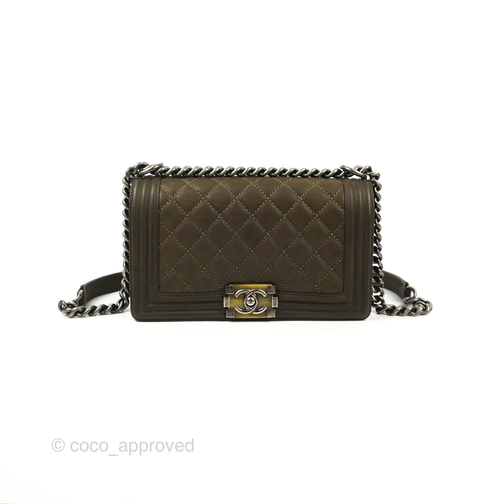 Chanel Quilted Medium Boy Dark Green Calfskin Ruthenium Hardware