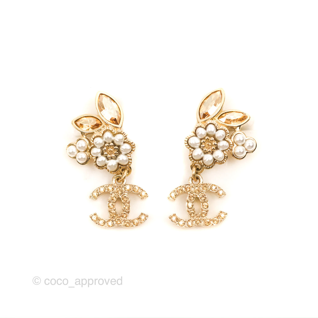 Chanel Crystal Pearl CC Flower Pendant Earrings Gold Tone 22K