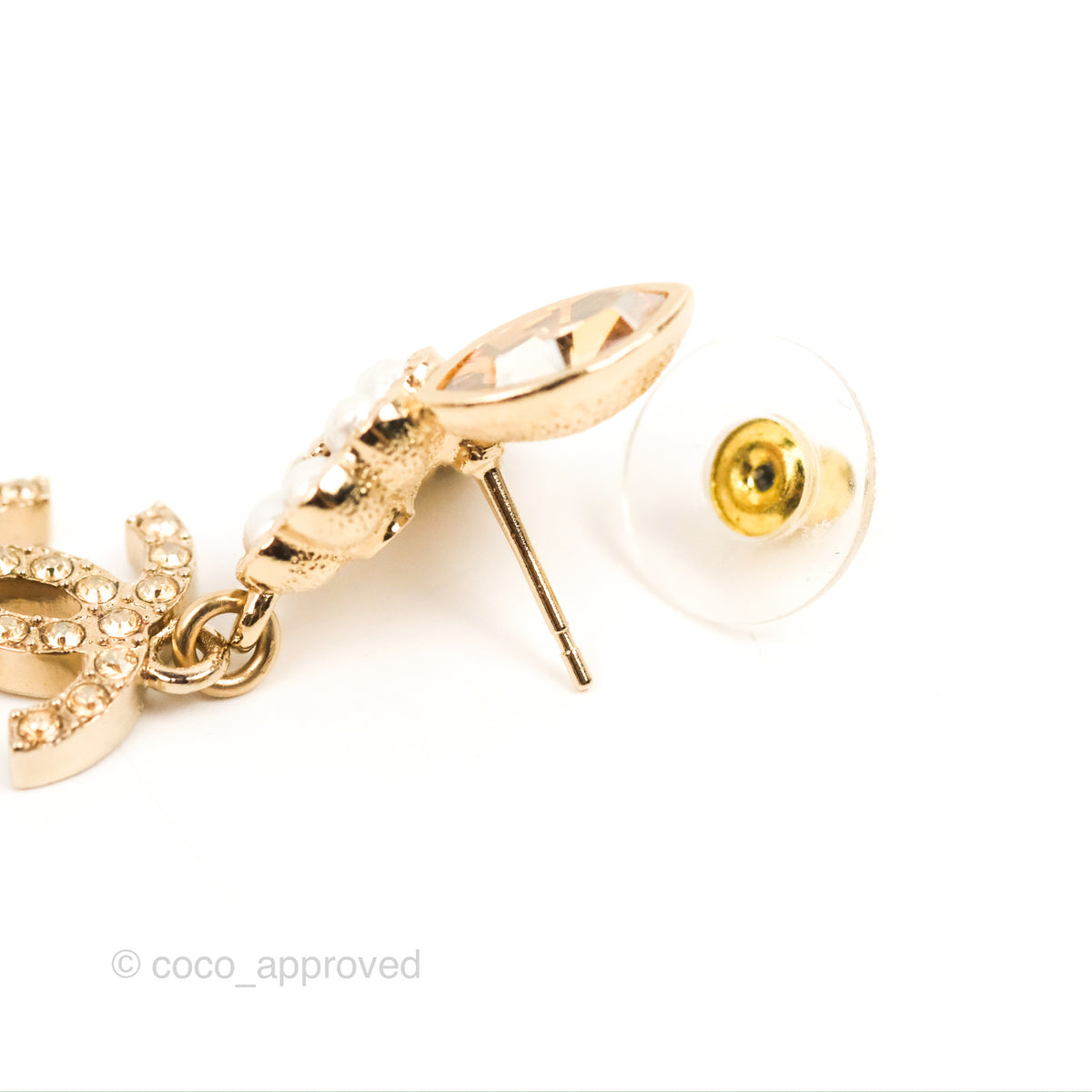 Chanel Crystal Pearl CC Flower Pendant Earrings Gold Tone 22K