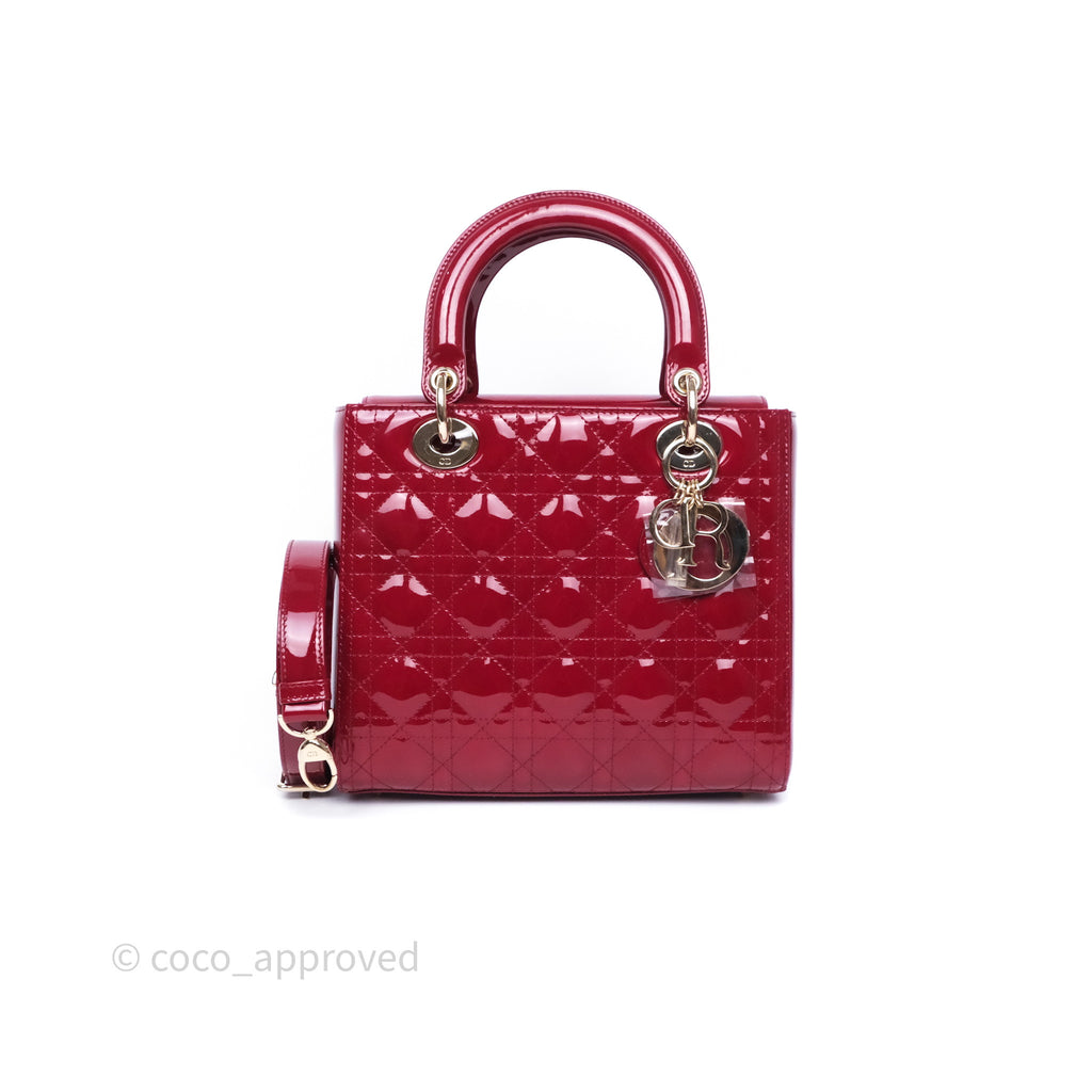 Christian Dior Medium Lady Dior Red Patent Cannage Calfskin Gold Hardware