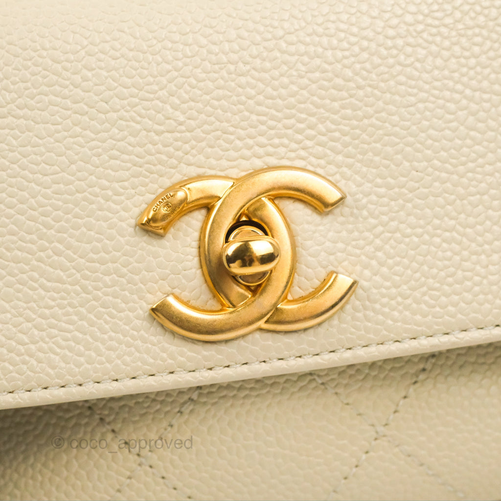 Chanel Handle Flap Bag Ivory Caviar Aged Gold Hardware