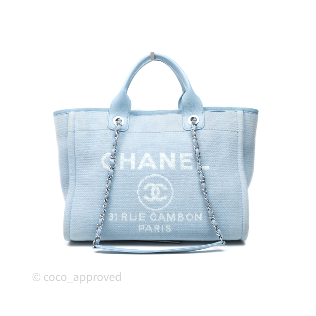 Chanel New Small Deauville Tote Blue Canvas Silver Hardware