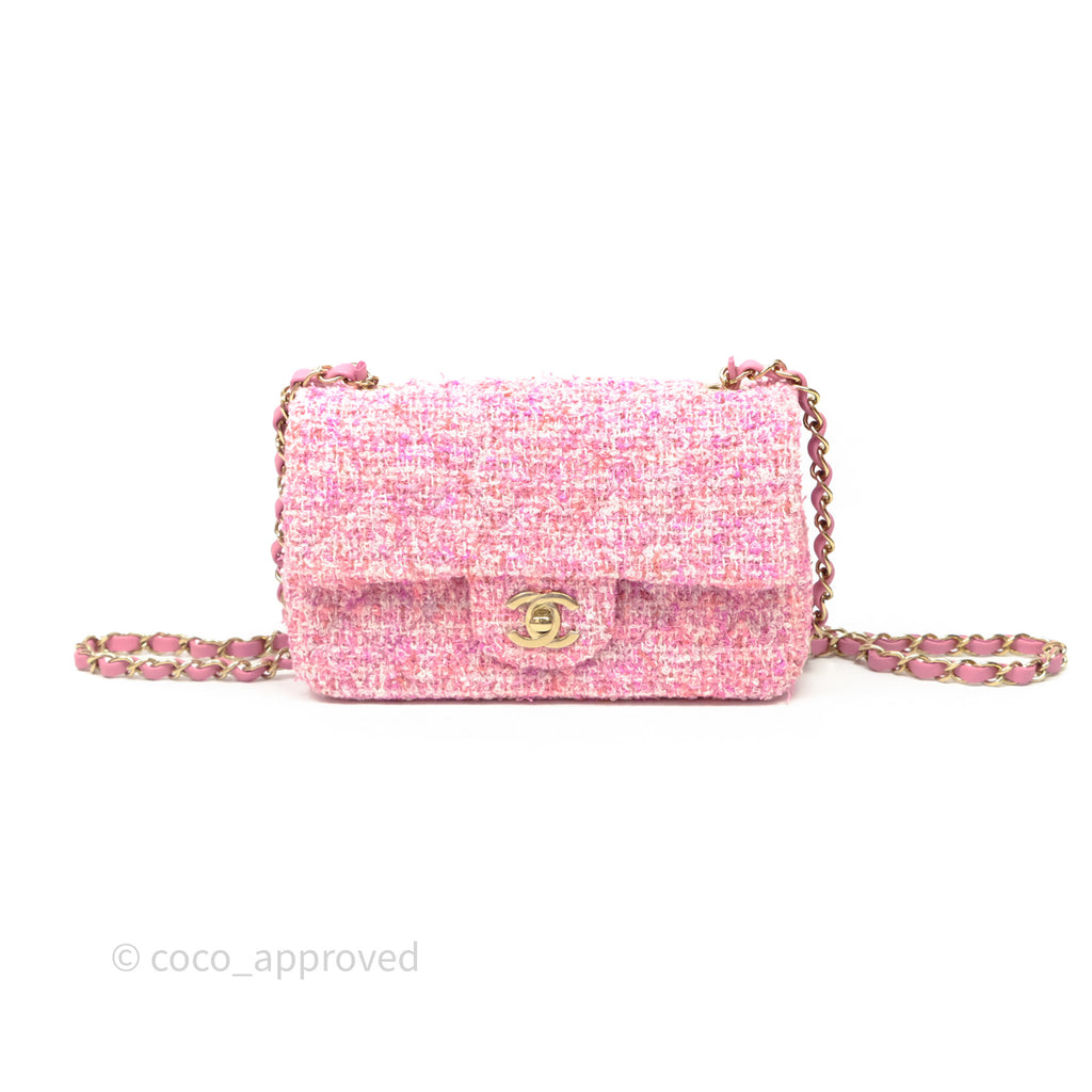 Chanel Tweed Quilted Mini Rectangular Flap Pink Tweed Gold Hardware