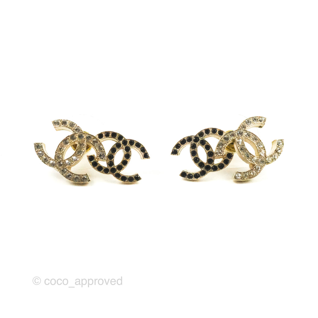 Chanel Crystal Black Double CC Earrings Gold Tone 22B