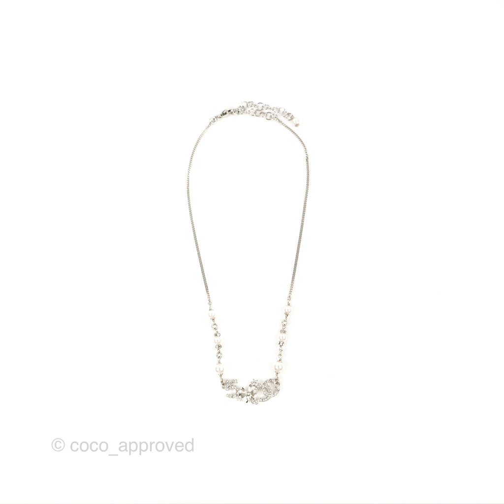 Chanel Silver Metal, Metallic Silver Lambskin, Grey Strass & Grey Imitation Pearl CC Pendant Necklace, 2017, Pendant | Fashion, Contemporary Jewelry