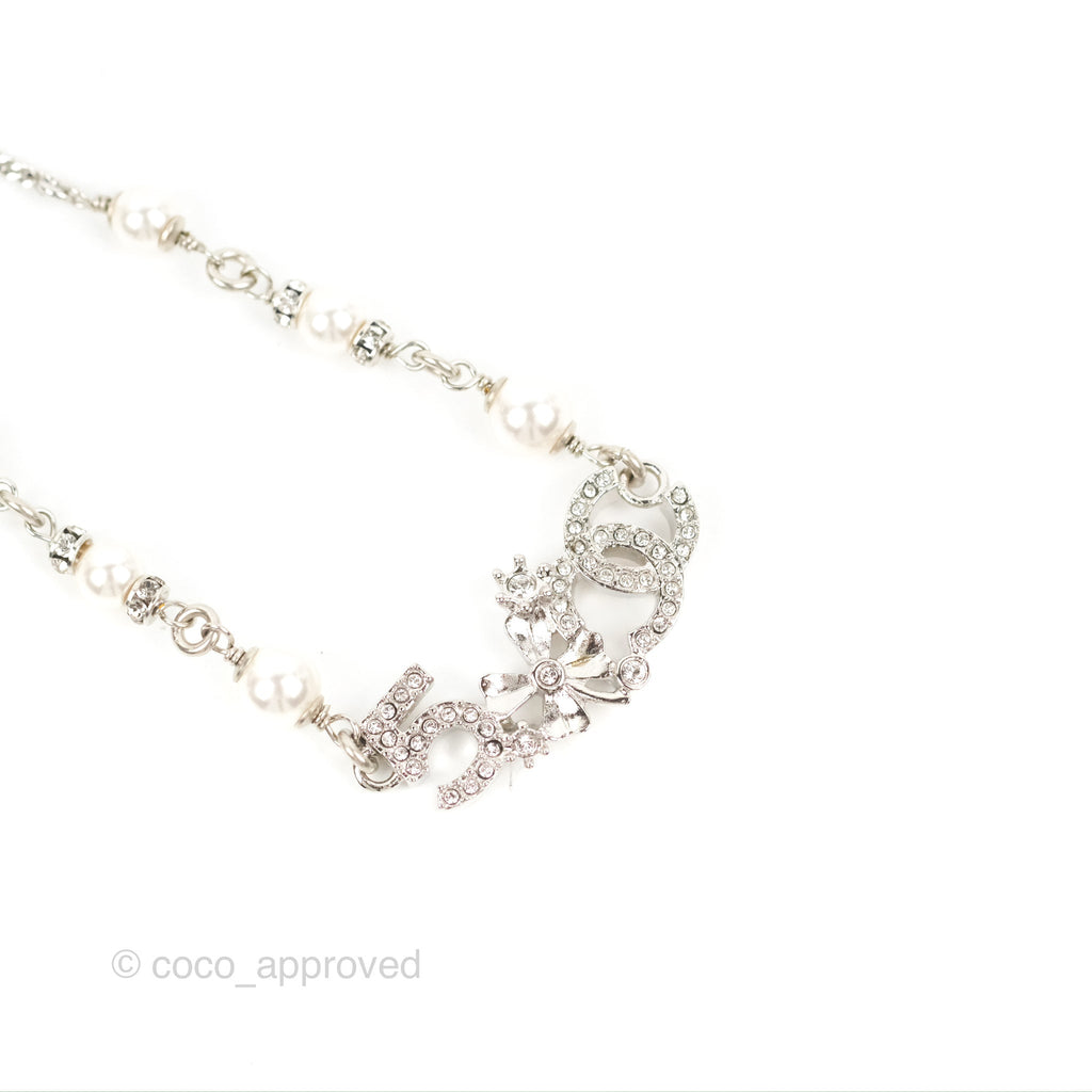 Chanel Pearl Crystal CC No5 Necklace Silver Tone 23P