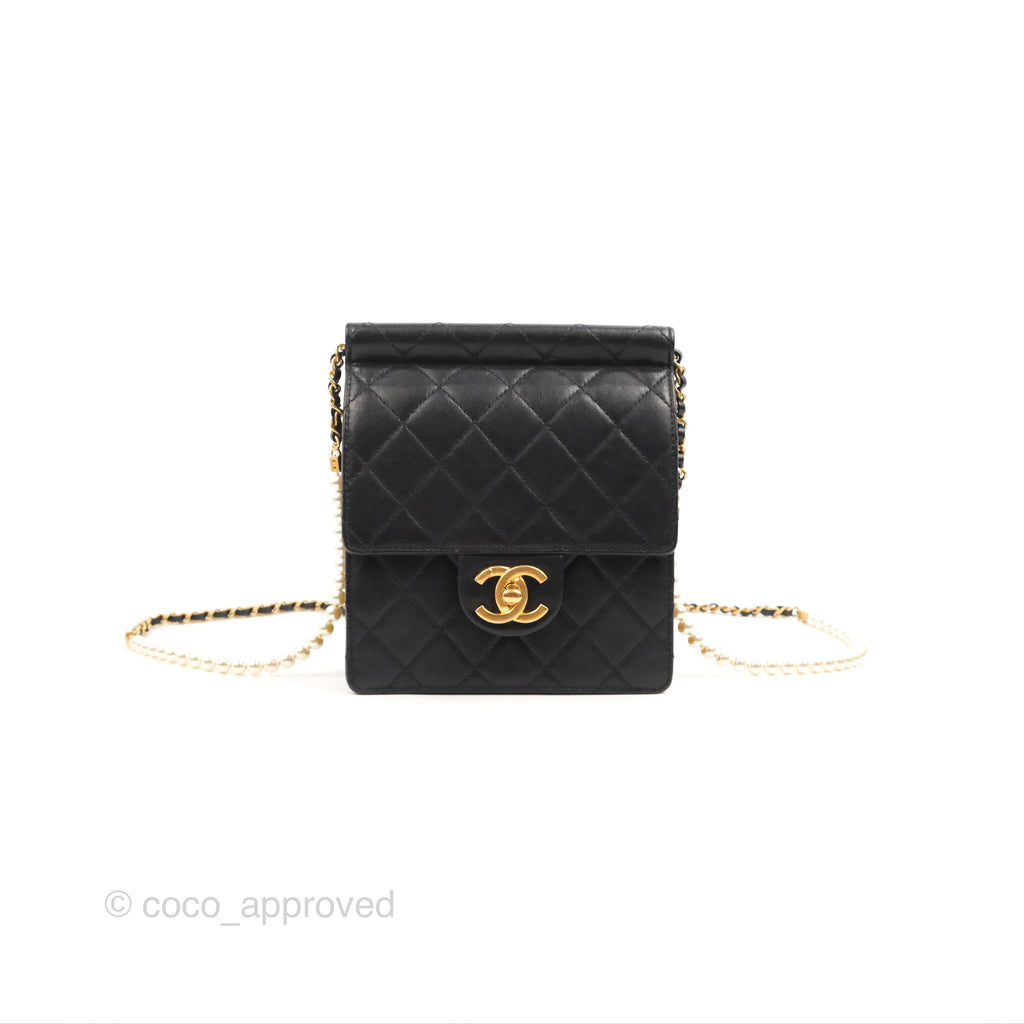 Chanel Small Pearl Flap Bag Black Calfskin Aged Gold Hardware