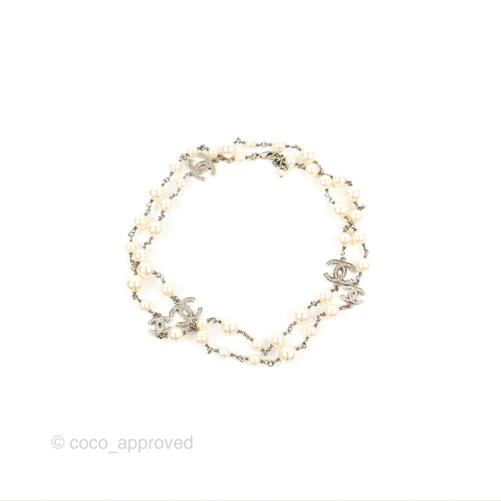 Chanel Crystal CC Pearl Chain Long Necklace Silver Tone 13B