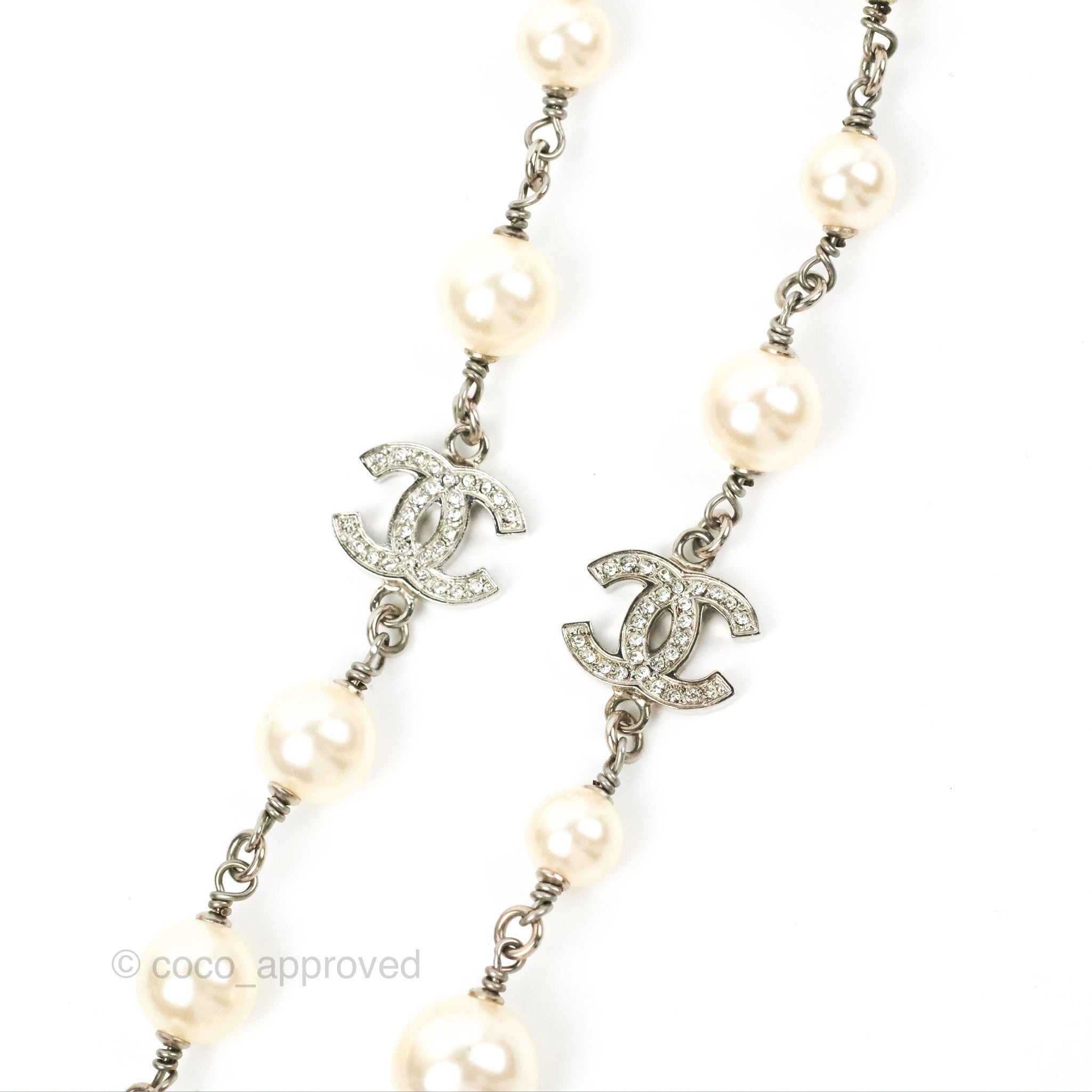Chanel Crystal CC Pearl Chain Long Necklace Silver Tone 13B – Coco