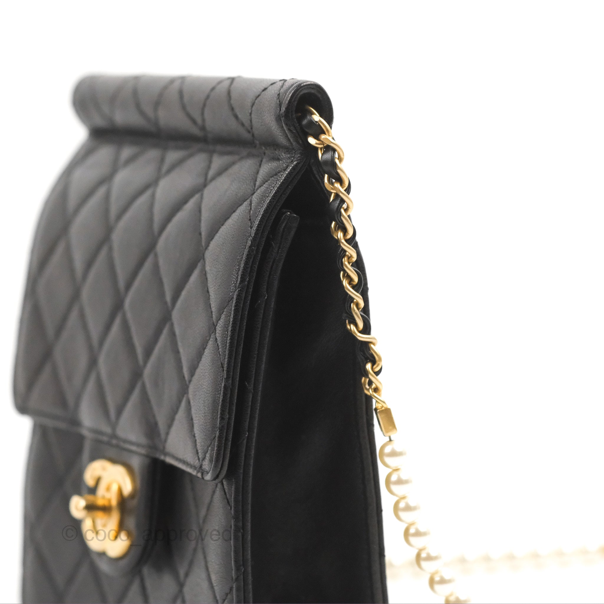 Chanel Small Pearl Flap Bag Black Calfskin Aged Gold Hardware – Coco  Approved Studio