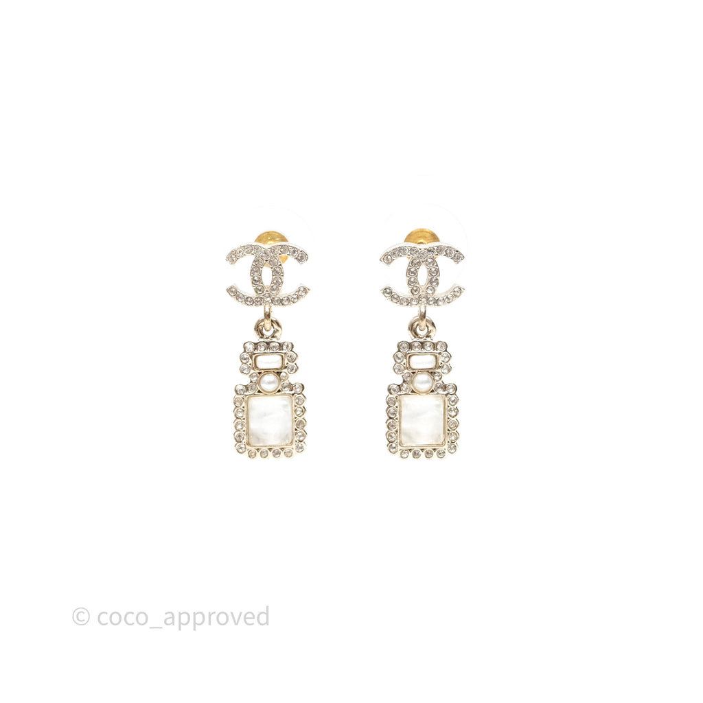 Chanel CC Crystal Perfume Bottle Earrings Gold Tone 21K