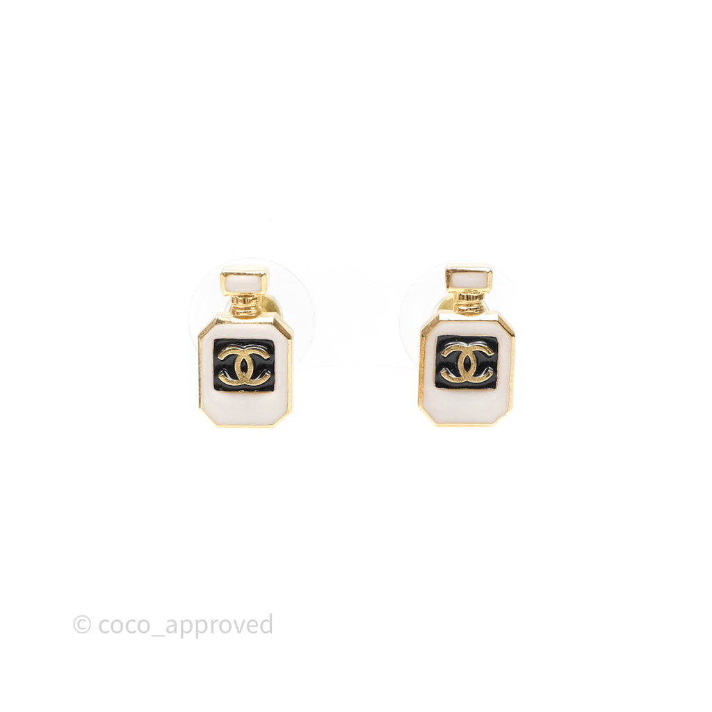 Chanel CC White Perfume Bottle Earrings Gold Tone 25C