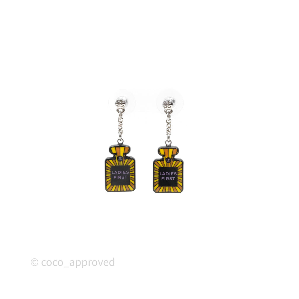 Chanel Resin Perfume Bottle Drop Earrings Black Silver Tone 15S