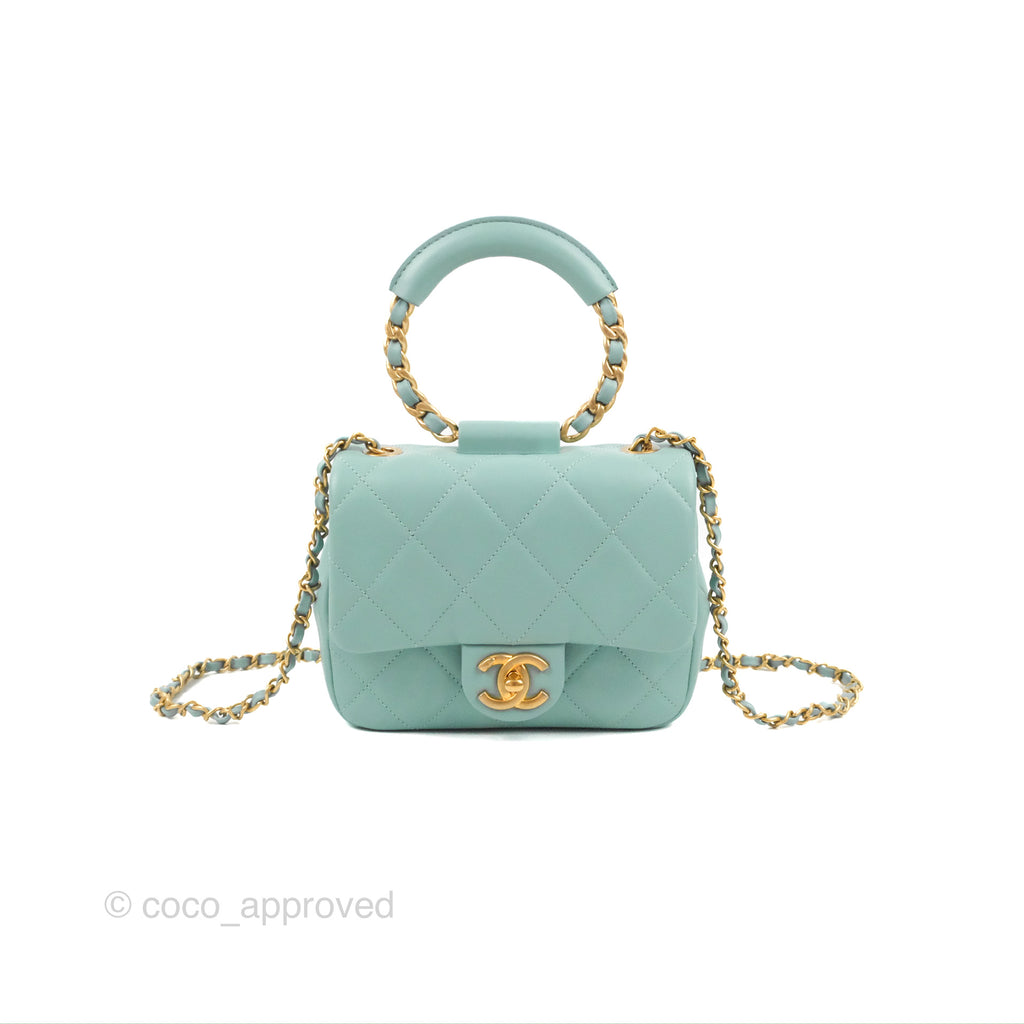 Chanel Circular Handle Square Flap Bag Tiffany Blue Lambskin Aged Gold Hardware