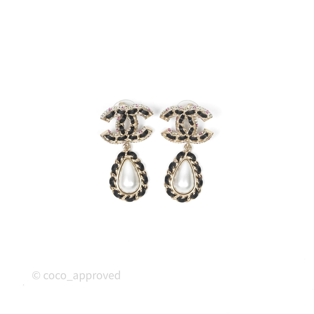 Chanel Pearl Black Leather Drop Crystal CC Earrings Gold Tone 21P