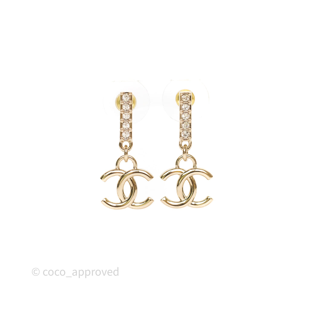 Chanel CC Crystals Drop Earrings Gold Tone 24V