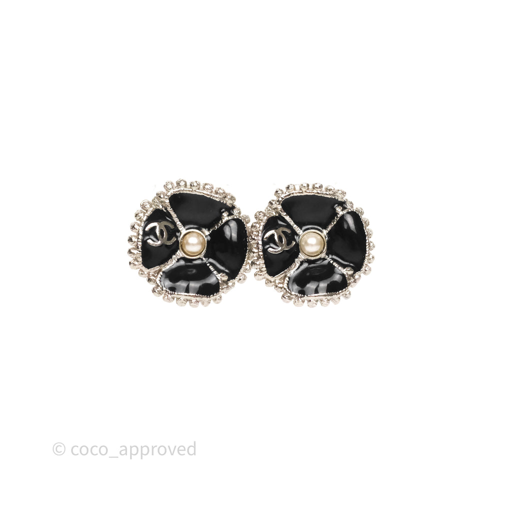 Chanel Flower Pearl Black Earrings Silver Tone 23K