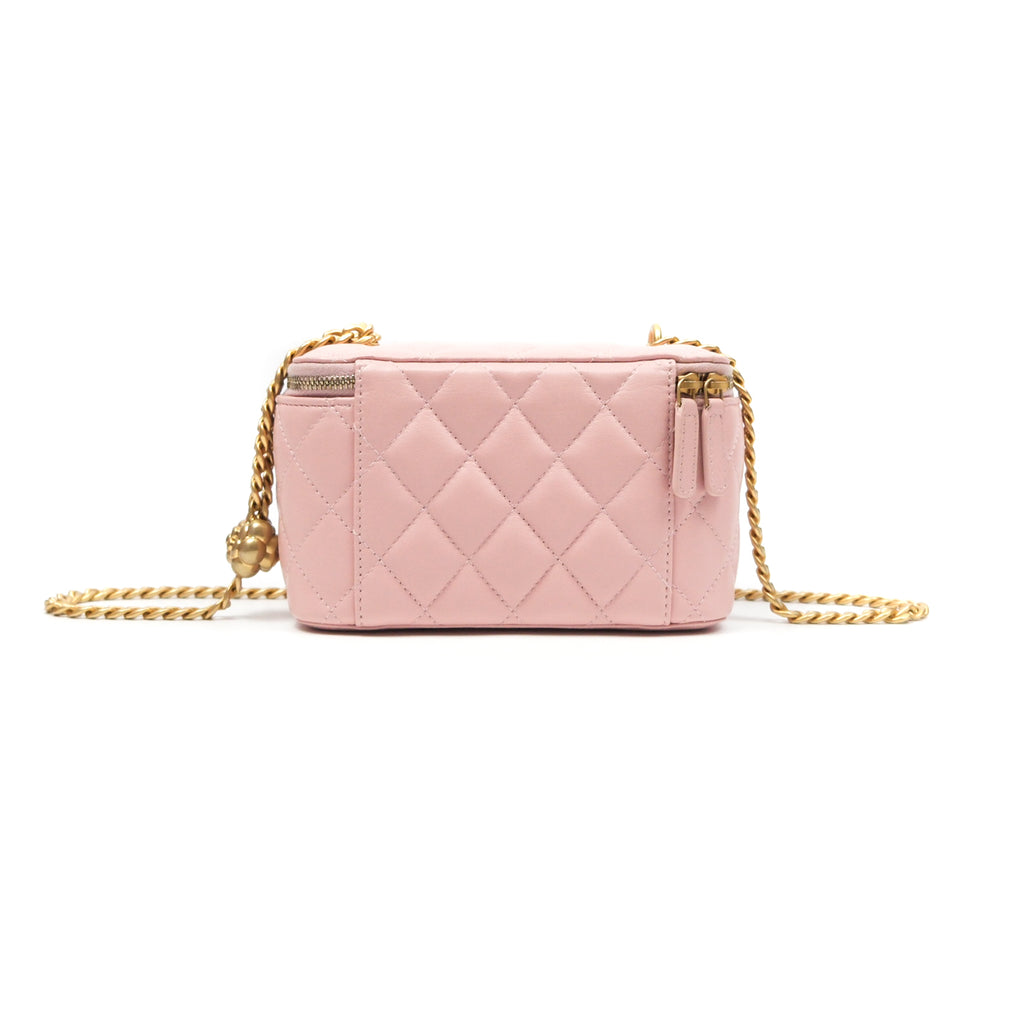 Chanel Quilted Vanity Rectangular with Camellia Adjustable Chain Pink Lambskin 23S