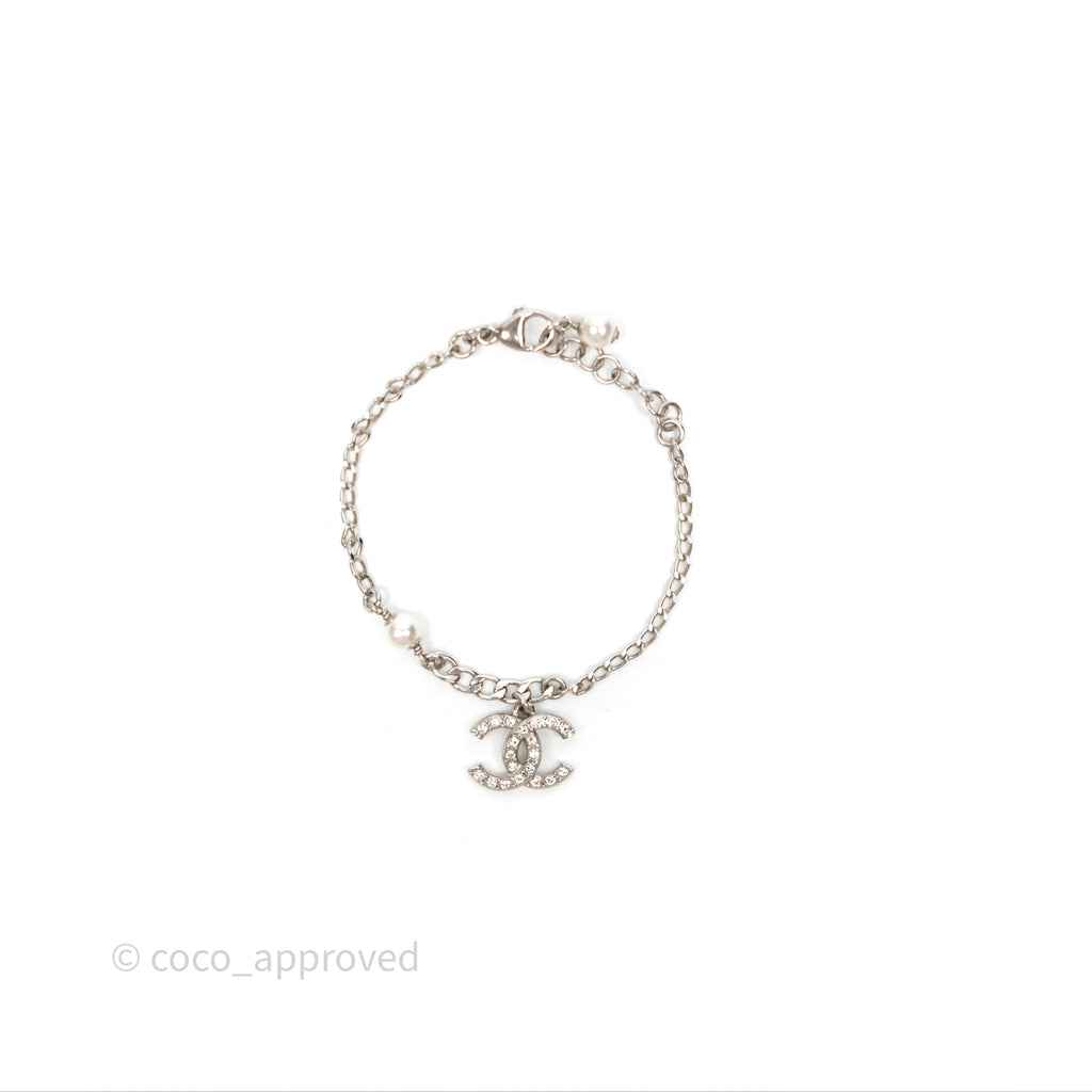 Chanel Crystal CC Pearl Bracelet Silver Tone 21A