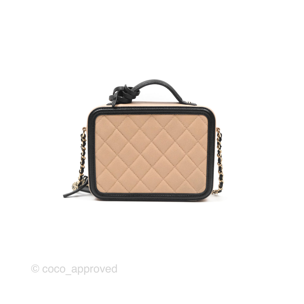 Chanel Quilted New Small CC Filigree Vanity Case Beige Caviar Gold Hardware